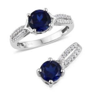 Blue & White Sapphire Pendant & Ring Set in 925 Sterling Silver